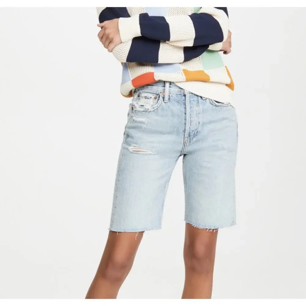 RE/DONE 80s Long Boy Short Distressed Denim Light Wash Boy Size 24